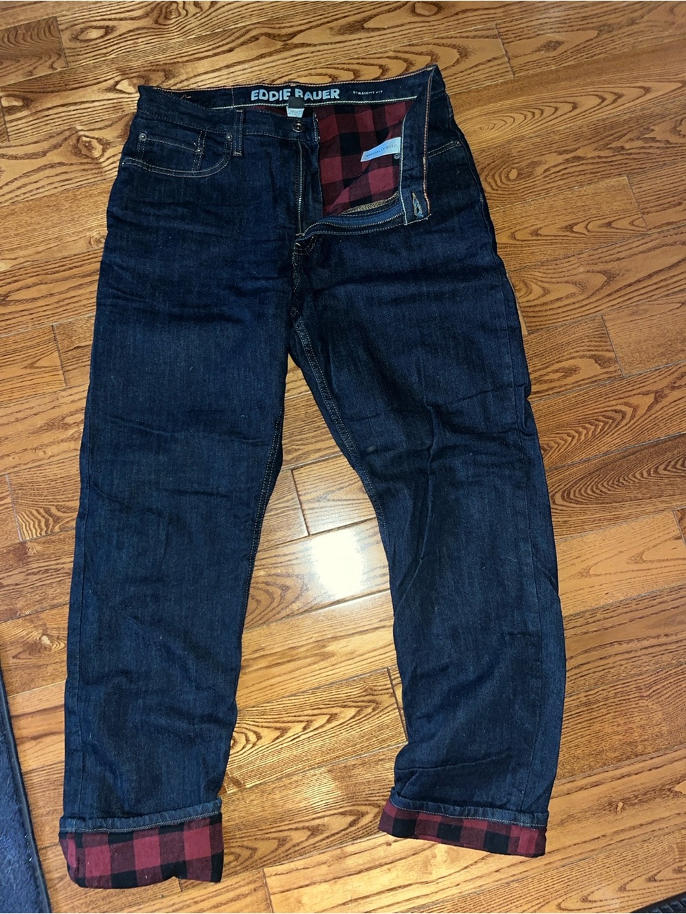 Eddie Bauer Dark Indigo Relaxed Jeans with Red Plaid Cuffs (Women)